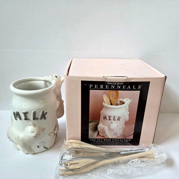 Pfaltzgraff Tea Rose Collection Cat Milk Bottle Utensil Crock w/Utensils NEW - Picture 1 of 9